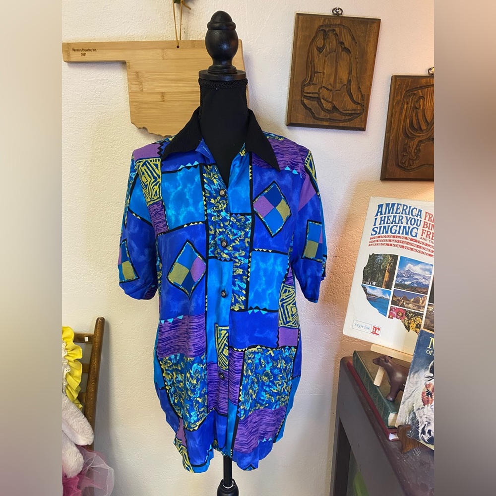 Vintage 80s Caliche Collection Colorful Geo Abstract Button Down Shirt MEDIUM